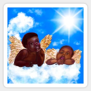 Cherubim- brown skin cherubs with curly Afro Hair and gold wings deep in thought on a cloud Sticker